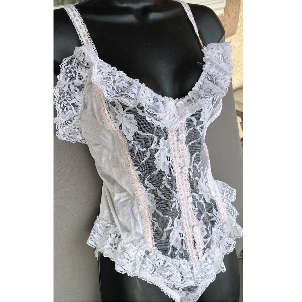 Vintage Delicates White & Pink Corset Lace Teddy L - Picture 6 of 6